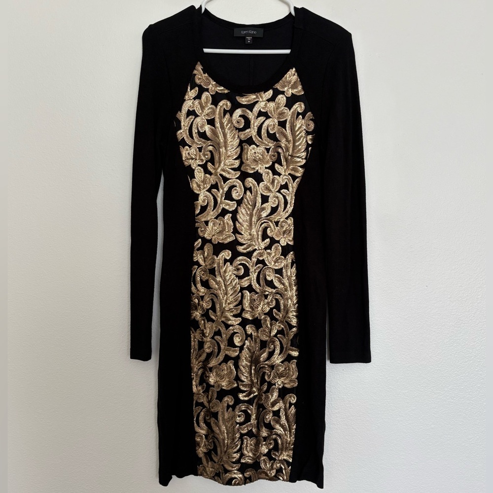 Karen Kane Black Long-Sleeve Dress with Gold Sequin Front Panel Size Medium